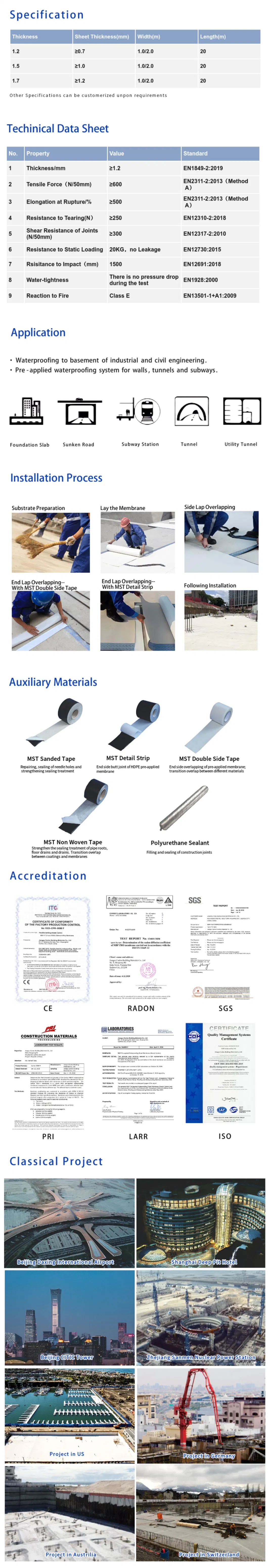 China Waterproof Manufacturer HDPE Pre Applied Waterproof Membrane ASTM Standard